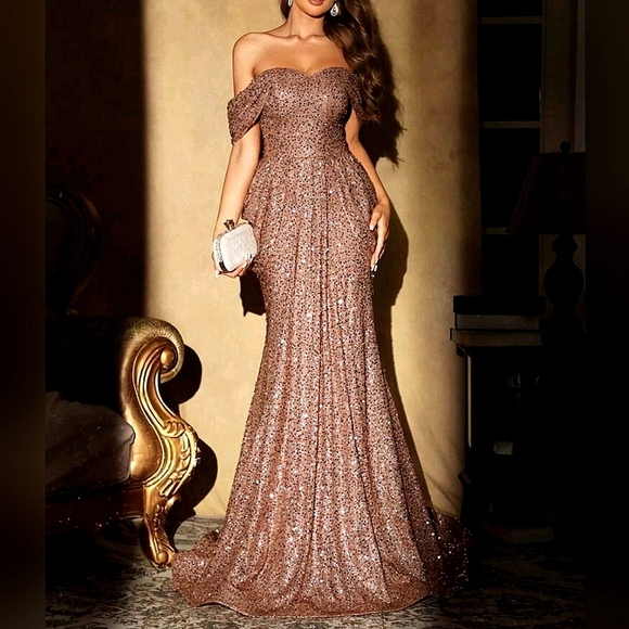 New Glam Sequin Off Shoulder Lace Up Back Ruched Gown Dress Tan Gold - Picture 7 of 9